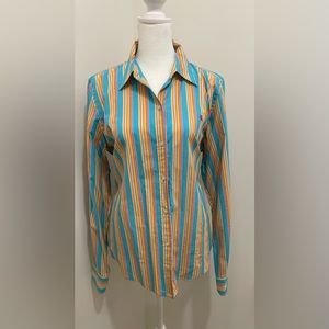 Lauren Ralph Lauren Slim Fit 100% cotton Large Ladie shirt. Turquoise striped